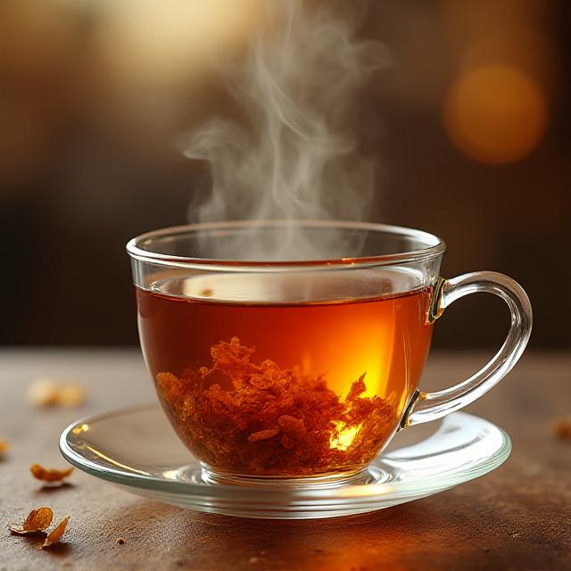 Tè premium Ambrosia con foglie dorate e vapore aromatico